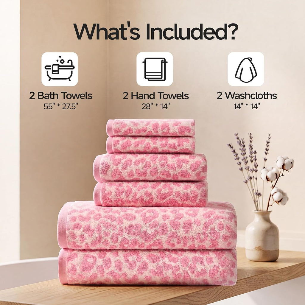REDKISS Leopard Print Towel Set of 6,100% Cotton Bathroom Towels,Quick Dry & Absorbent,2 Bath Towel, 2 Hand Towel, 2 Washcloth-Pink
