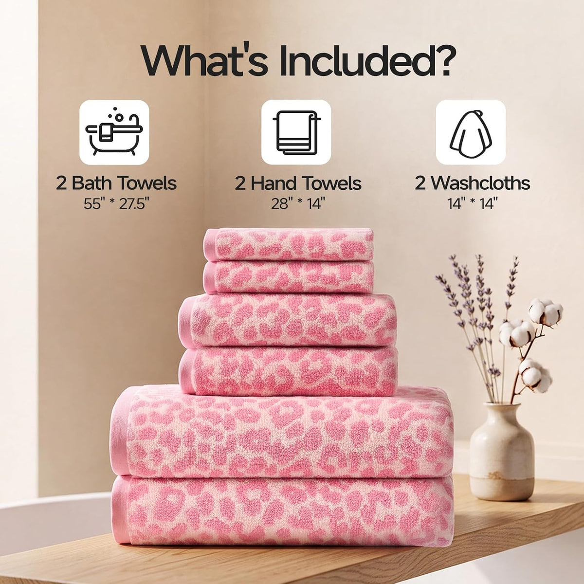 REDKISS Leopard Print Towel Set of 6,100% Cotton Bathroom Towels,Quick Dry & Absorbent,2 Bath Towel, 2 Hand Towel, 2 Washcloth-Pink