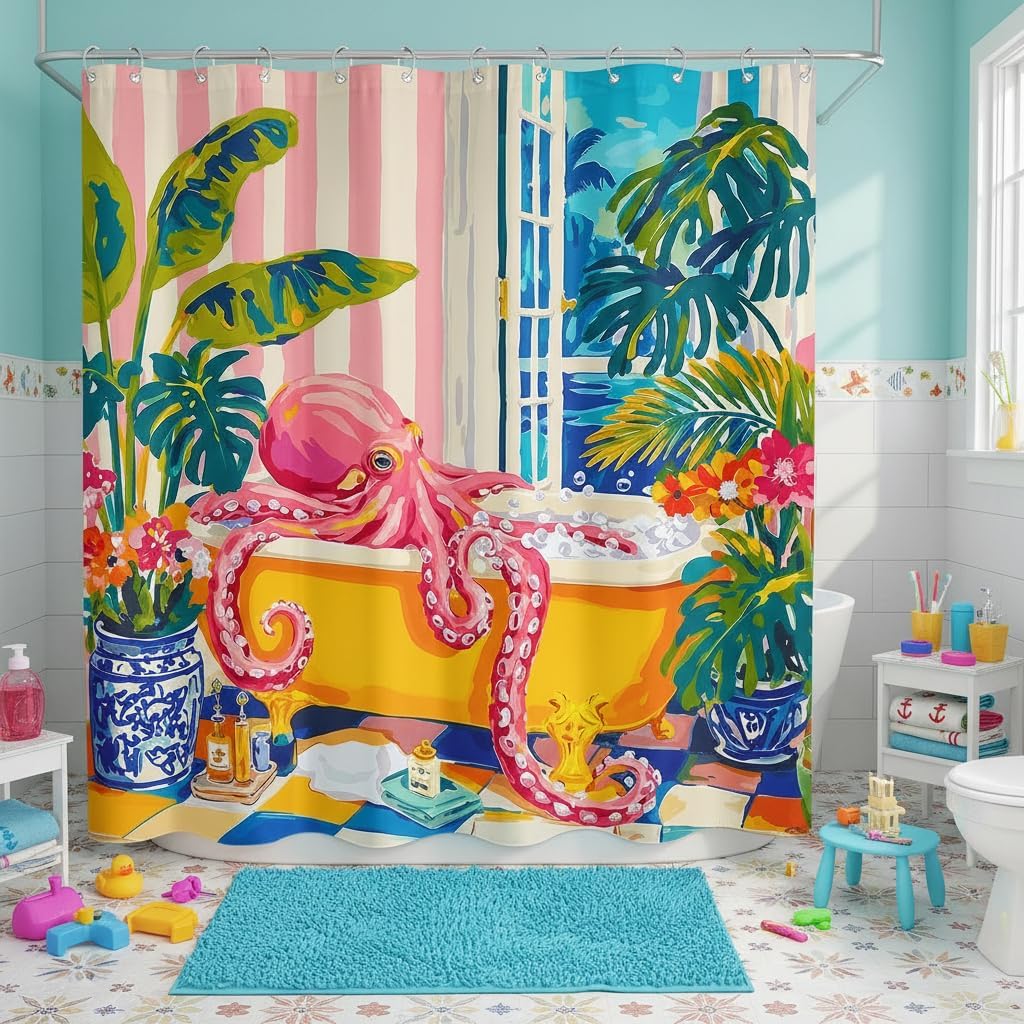Accnicc Funny Octopus Shower Curtain Cute Boho Coastal Matisse Shower Curtains for Bathroom Green Tropical Plants Pink Decorative Unique Waterproof Fabric Bath Curtain Decor 72 X 72 Inches