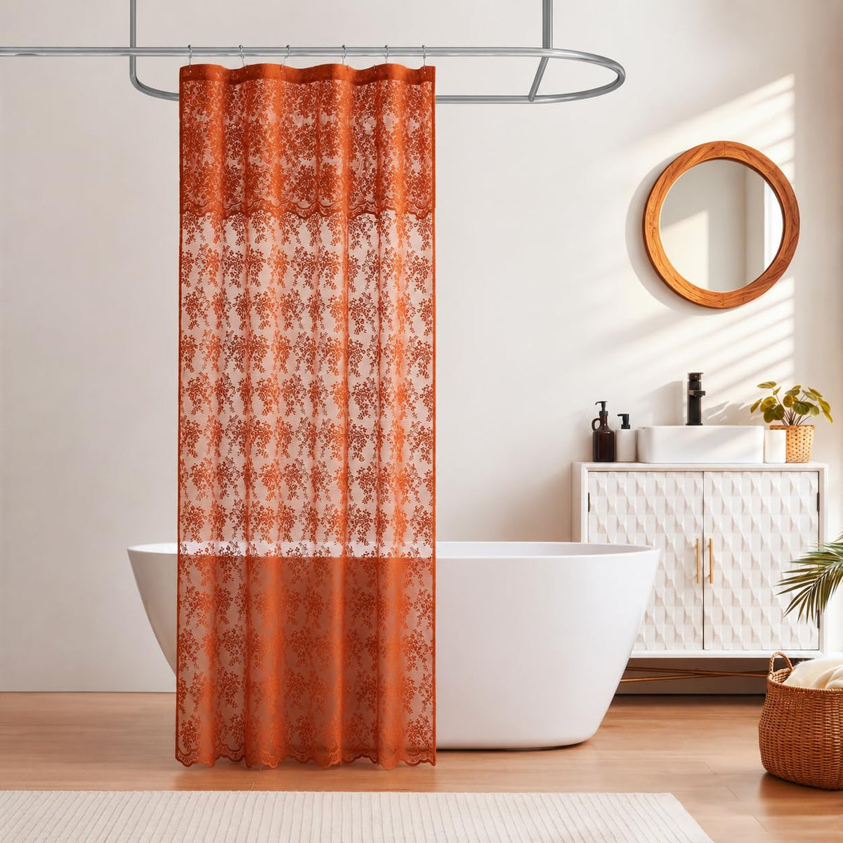 TUDECO White Lace Shower Curtain with Attached Valance 72 x 72 Inch