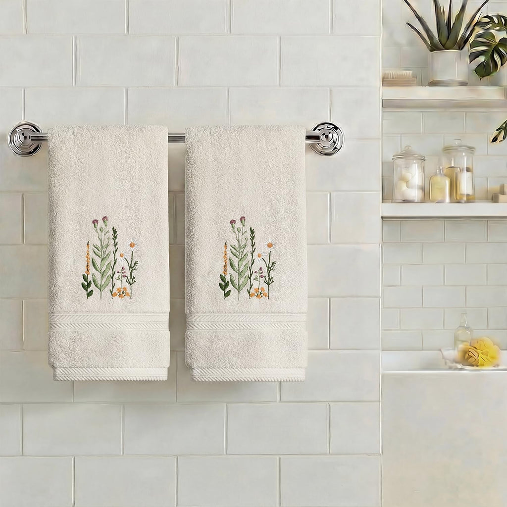 Artoid Mode 2 Pcs Beige Wildflower Floral Embroidered Hand Towels for Bathroom, 100% Cotton Soft Absorbent Farmhouse Decor Towels, 13.7 x 29.5 Inch