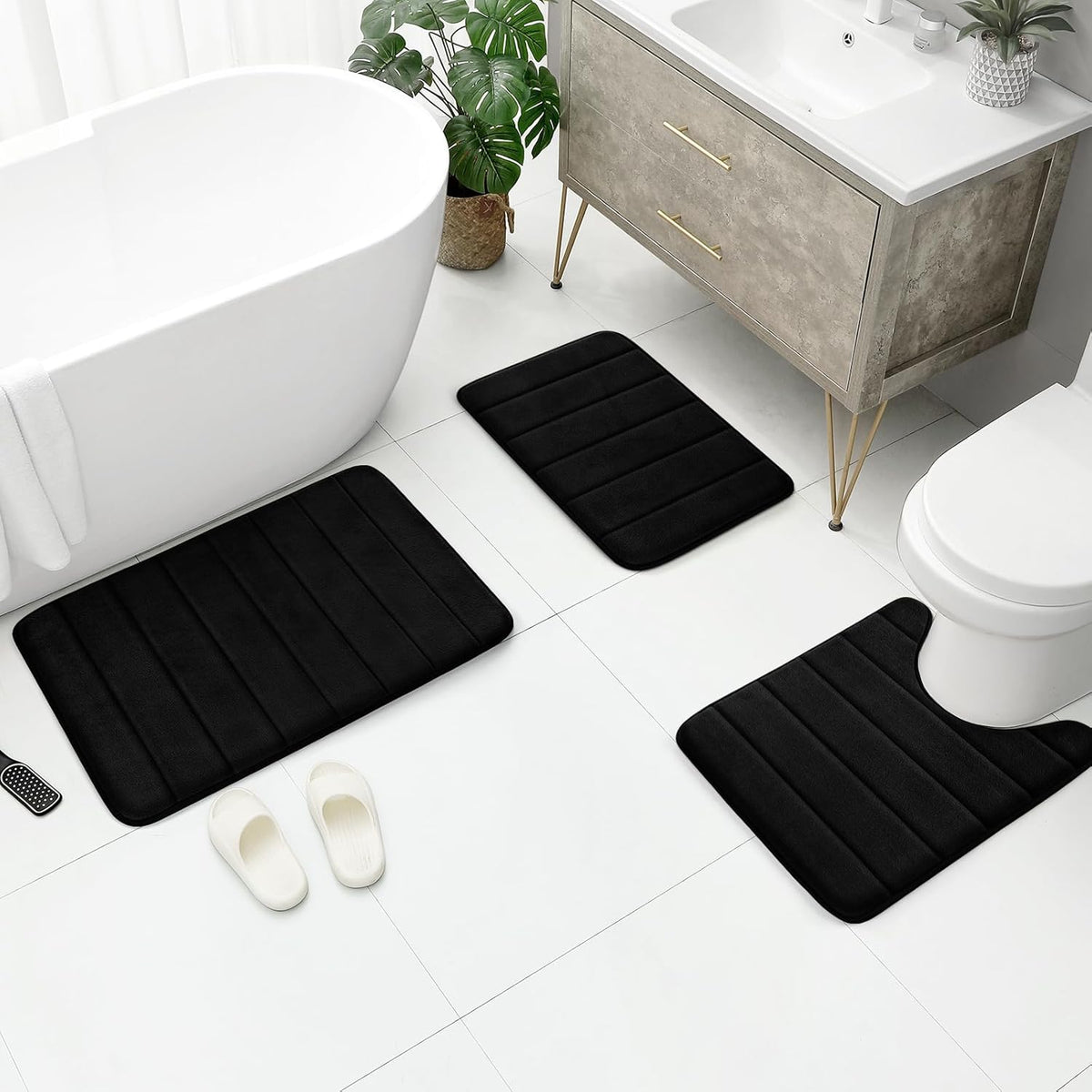 BYSURE Black Memory Foam Bathroom Rug Set 3 Piece 17"x24"+20"x32"+U Shape 20"x24"