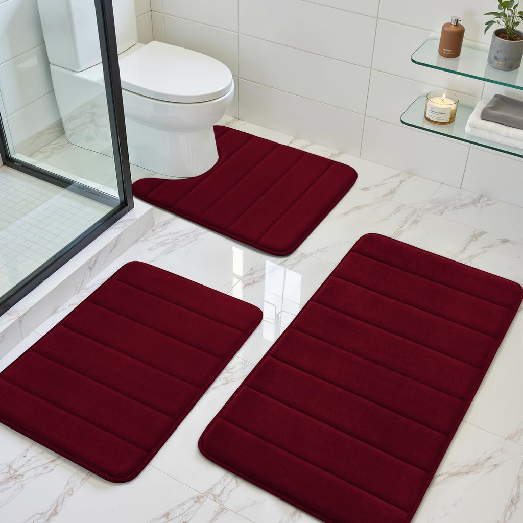 BYSURE Black Memory Foam Bathroom Rug Set 3 Piece 17"x24"+20"x32"+U Shape 20"x24"