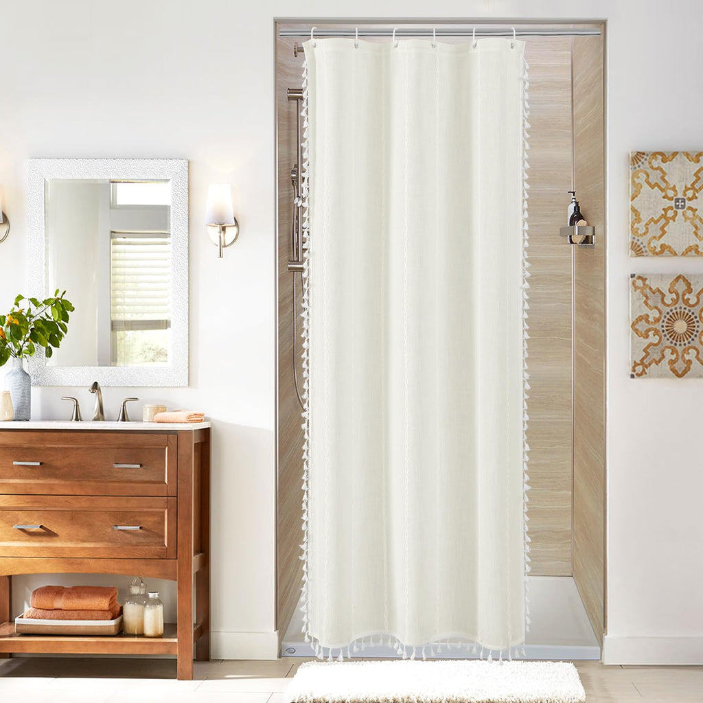 Boho Farmhouse Tassel Linen Shower Curtain,3D Embroidery Stripe Blue,72x72
