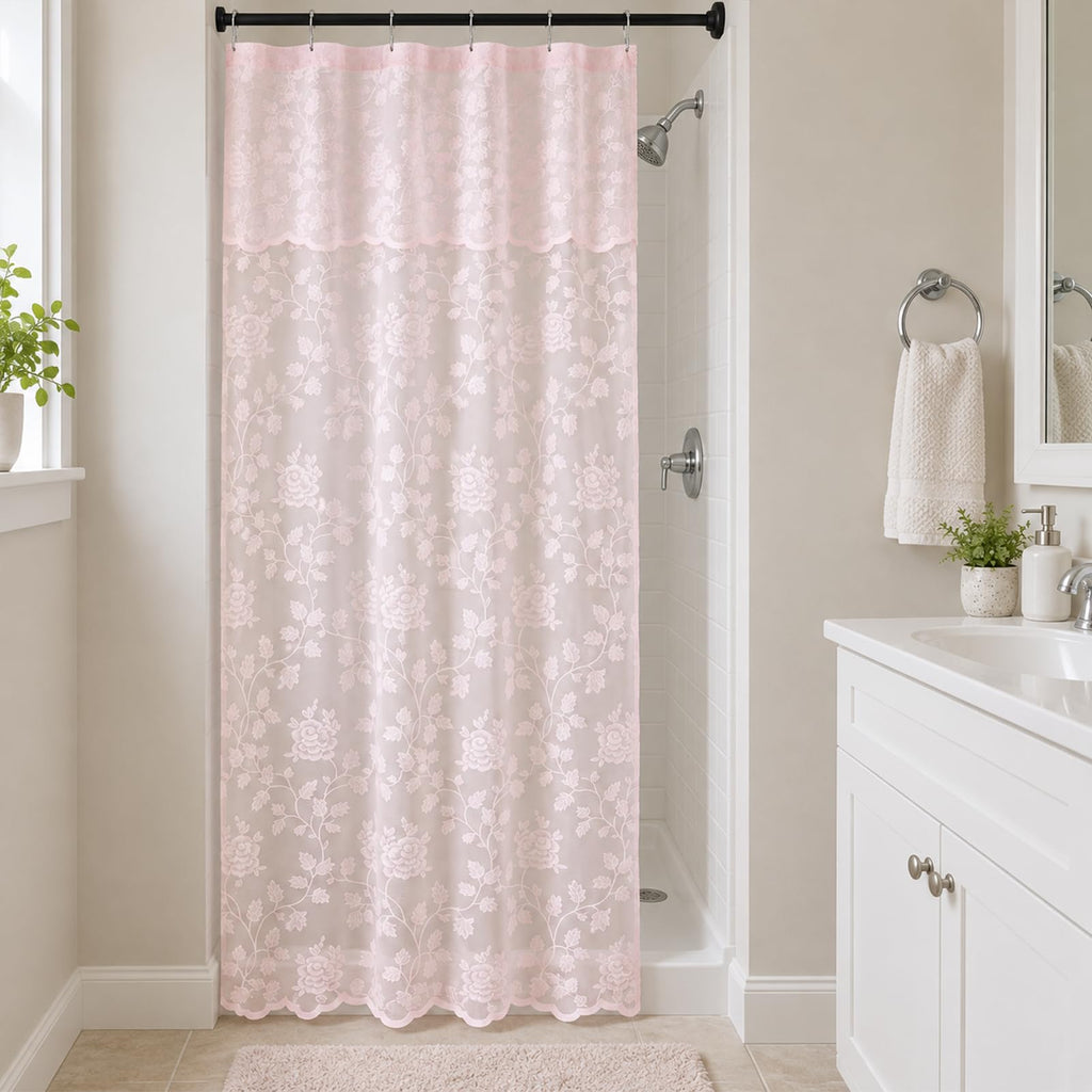 Black Lace Shower Curtain with Attached Valance, 72 x 72 Inch, 1 Panel