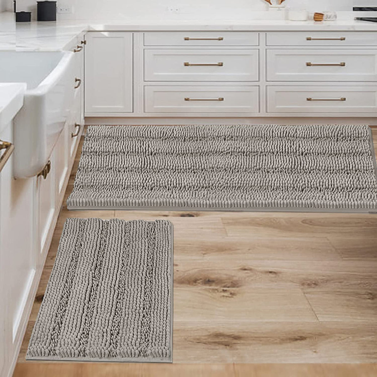 H.VERSAILTEX Sage Bathroom Rugs, Bath Mat Set of 2 Extra Thick Chenille Striped Pattern Shaggy Bath Rugs for Bath Room, Non Skid Bath Mats for Bathroom Floor (32 x 20 Plus 24 x 17 - Inches)