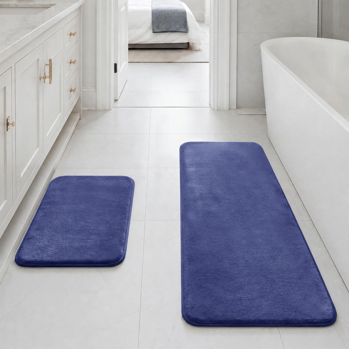 HUXMEYSON Bathroom Rugs Sets 2 Piece, Non-Slip & Quick Dry Bath Mat Set, Ultra Soft Velvet Bath Rugs for Bathroom, Toilet and Shower Floor, Navy