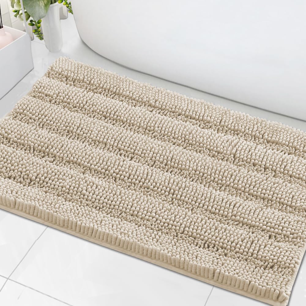 H.VERSAILTEX Sage Bathroom Rugs, Bath Mat Set of 2 Extra Thick Chenille Striped Pattern Shaggy Bath Rugs for Bath Room, Non Skid Bath Mats for Bathroom Floor (32 x 20 Plus 24 x 17 - Inches)