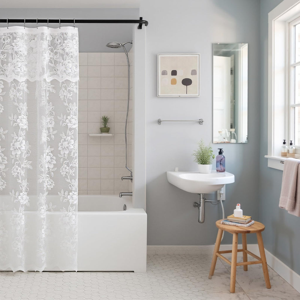 Ivory Lace Shower Curtain with Attached Valance, 72 x 72 Inch 1 Panel