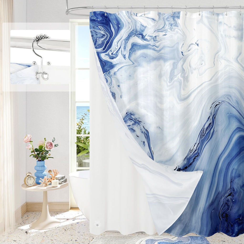 Blue Marble Fabric Shower Curtain, Abstract Watercolor, 72 x 72 Inches
