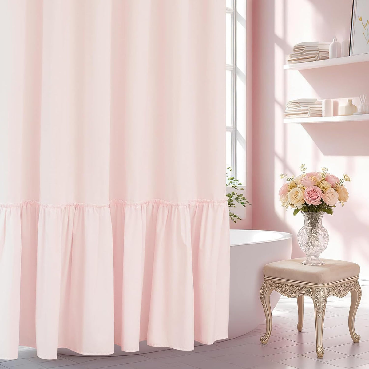 Seenus Baby Pink Ruffle Shower Curtain with Waterproof TPU Backed, Soft Microfiber Lovely French Ruched Shower Curtain, 72 x 72 Inch Bathroom 2 in 1 Washable Fabric Shower Curtain with TPU Lining