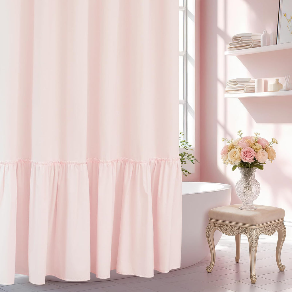 Seenus Baby Pink Ruffle Shower Curtain with Waterproof TPU Backed, Soft Microfiber Lovely French Ruched Shower Curtain, 72 x 72 Inch Bathroom 2 in 1 Washable Fabric Shower Curtain with TPU Lining