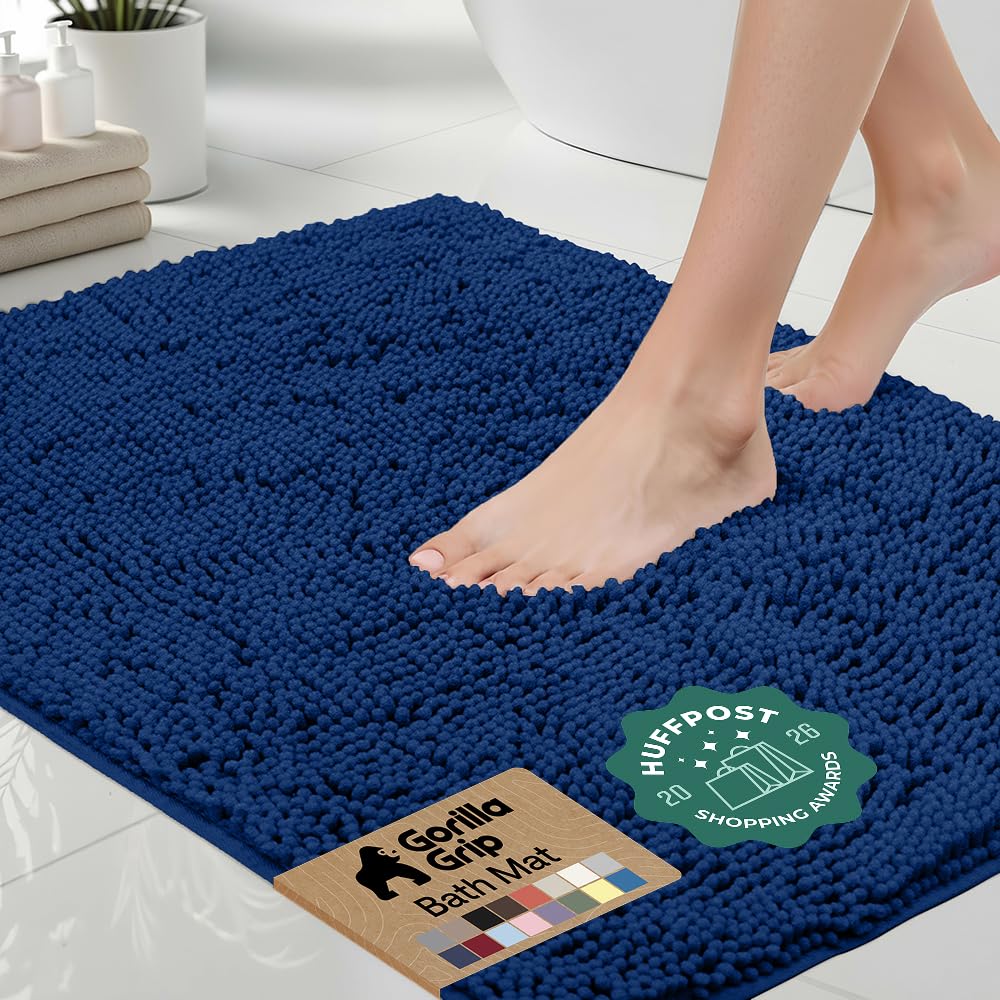 GORILLA GRIP Bath Rug Mat for Bathroom, Absorbent Chenille, 24x17 Blue