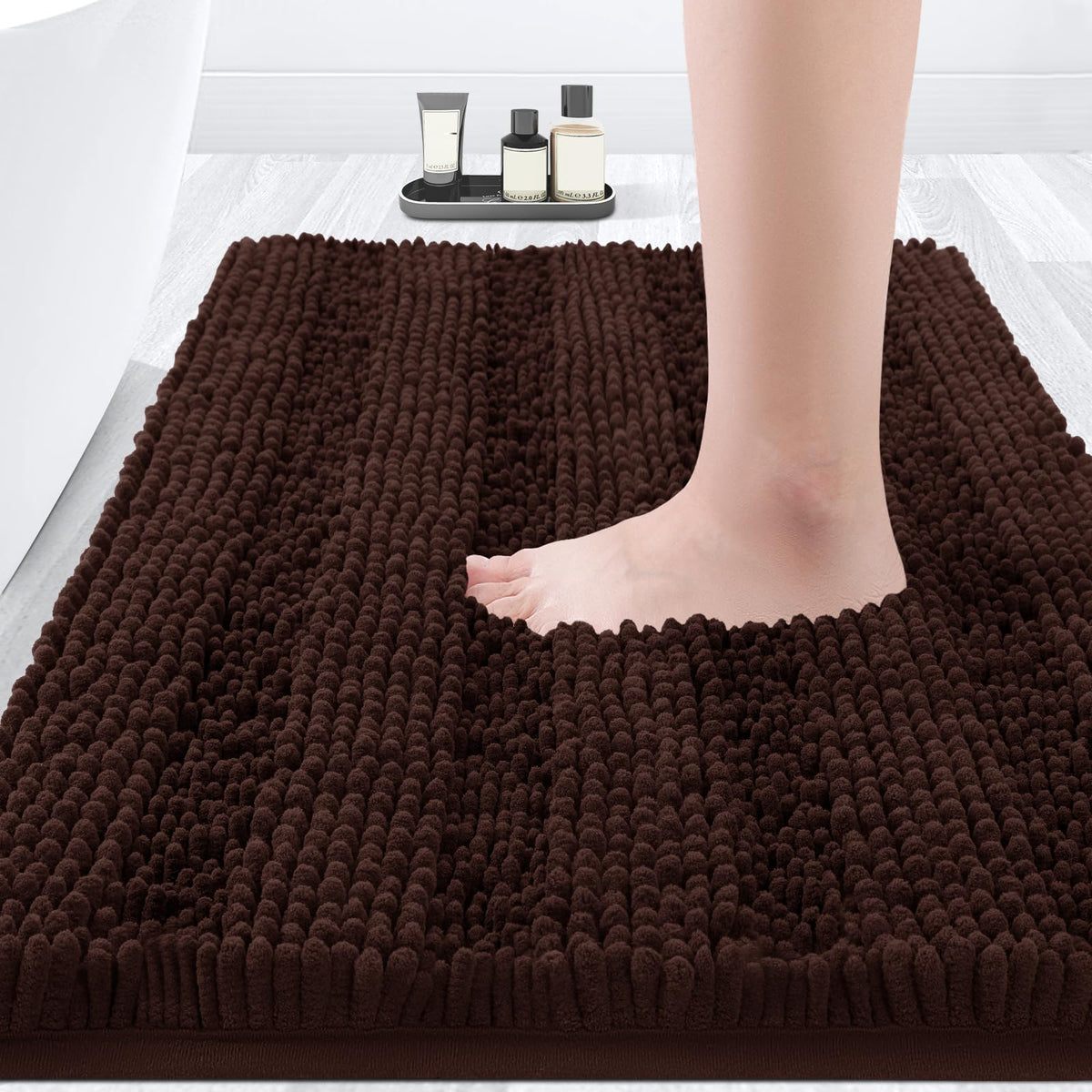 ACCUMTEK Striped Navy Blue Bathroom Rug Set 3 Pieces Ultra Soft, Non Slip Chenille Toilet Mat, Absorbent Plush Shaggy Bath Mats for Bathroom, Bedroom, Kitchen