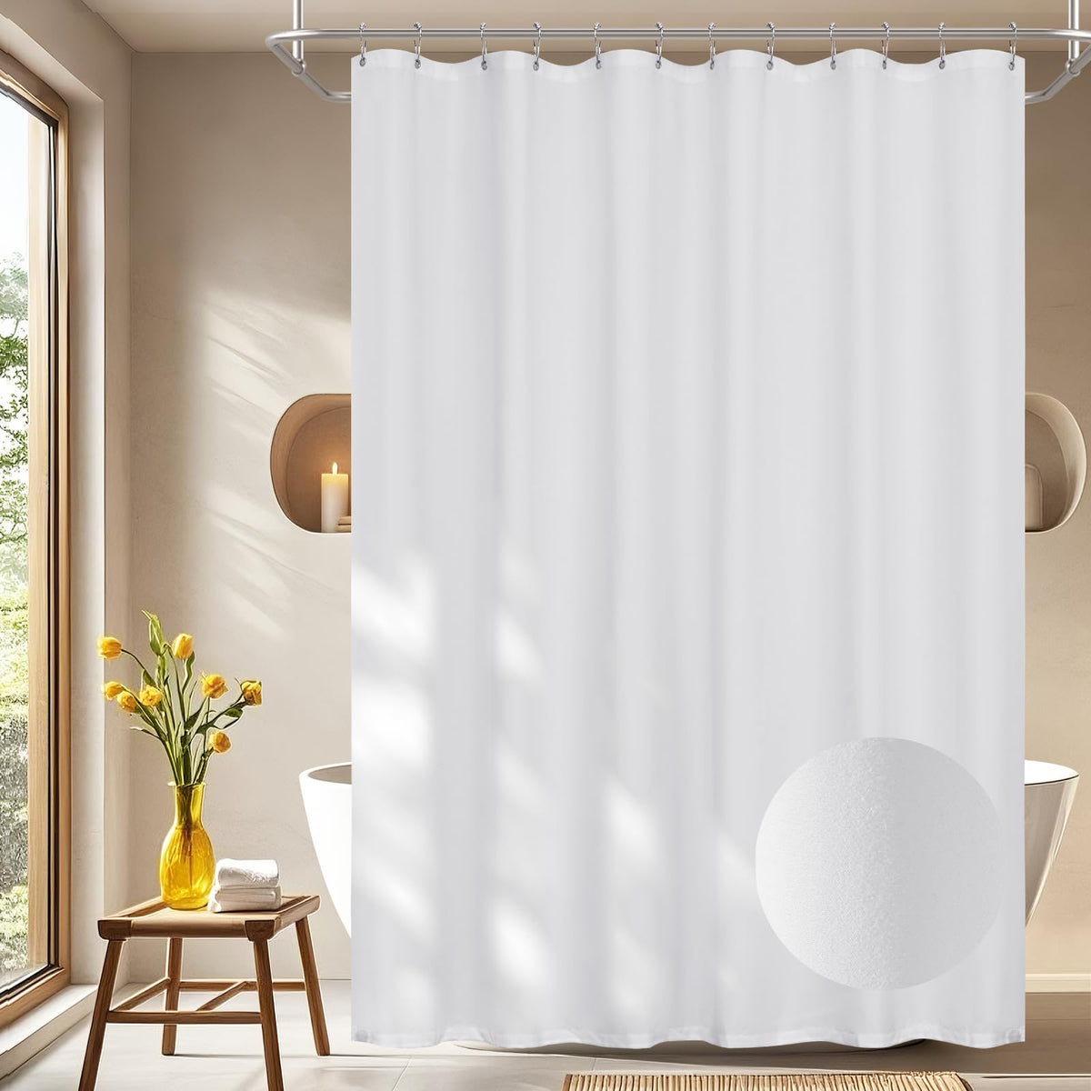 Seenus Baby Pink Ruffle Shower Curtain with Waterproof TPU Backed, Soft Microfiber Lovely French Ruched Shower Curtain, 72 x 72 Inch Bathroom 2 in 1 Washable Fabric Shower Curtain with TPU Lining
