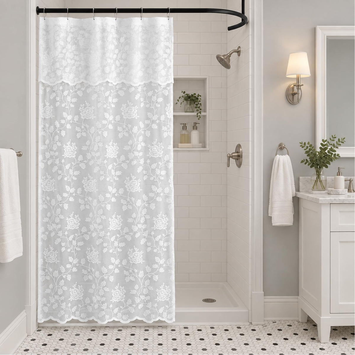 Black Lace Shower Curtain with Attached Valance, 72 x 72 Inch, 1 Panel