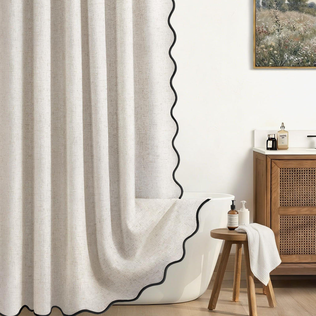 Scalloped Shower Curtain Linen Boho Beige 72" W x 72" L