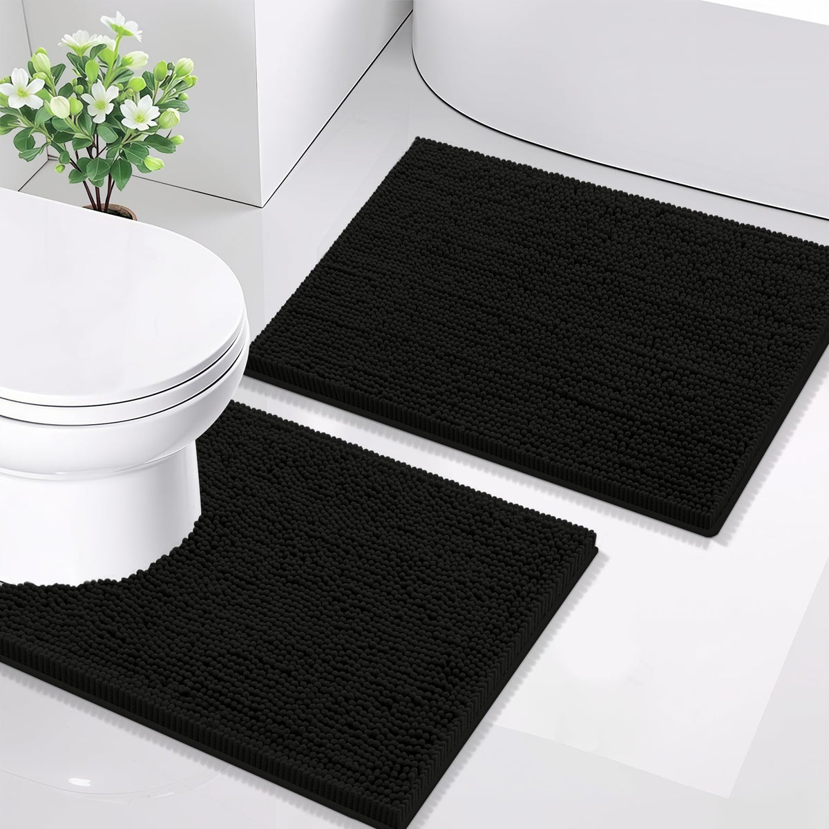Smiry Chenille Bathroom Rugs Sets 2 Piece (30x20+24x16, Black)