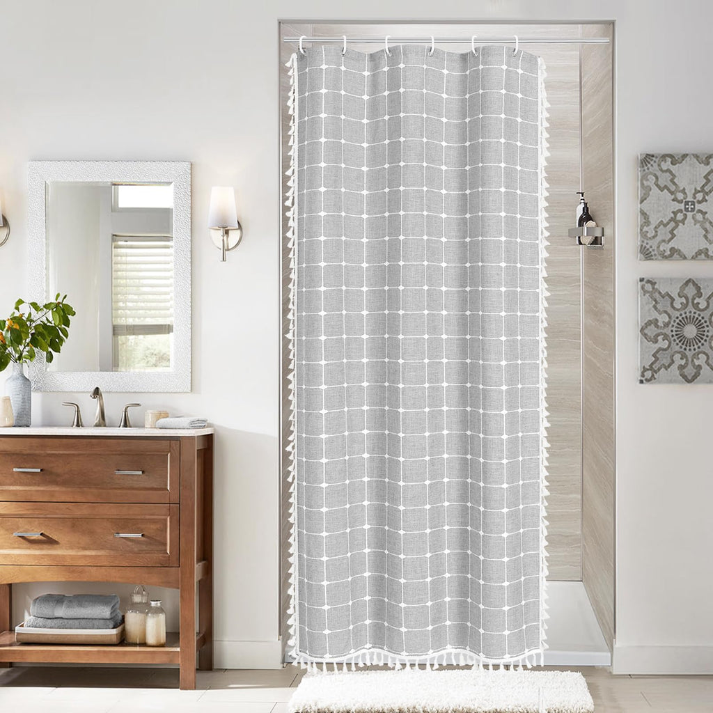Boho Farmhouse Classic Plaid Linen Tassel Shower Curtain Blue,72x72