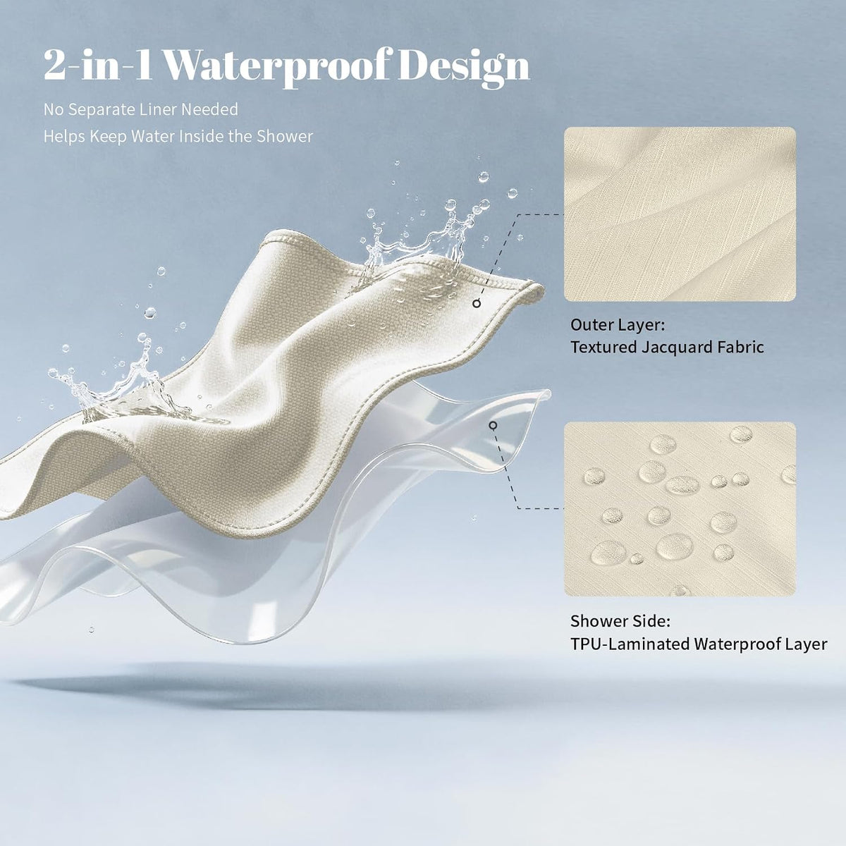 2-in-1 Waterproof Textured Fabric Shower Curtain, 72W x 72L, Cream