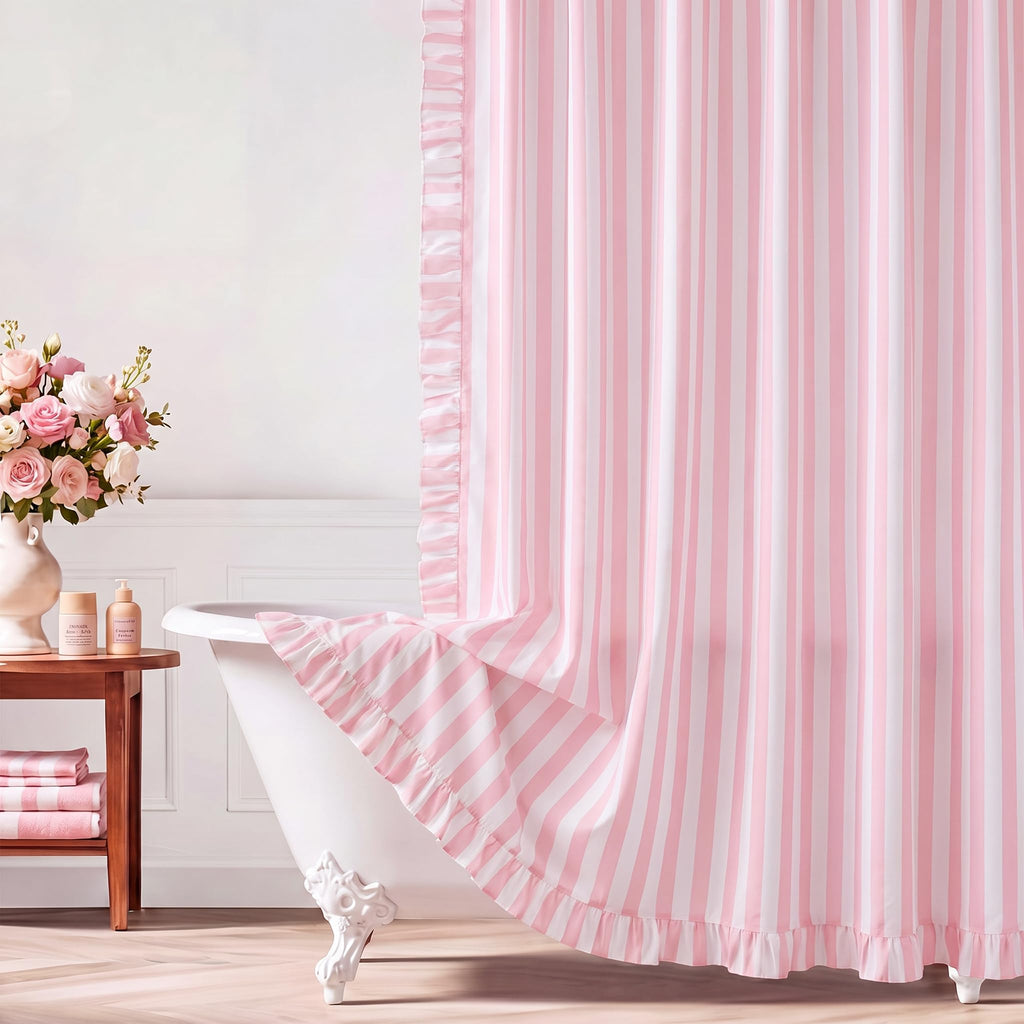 Pink Ruffled Striped Shower Curtain