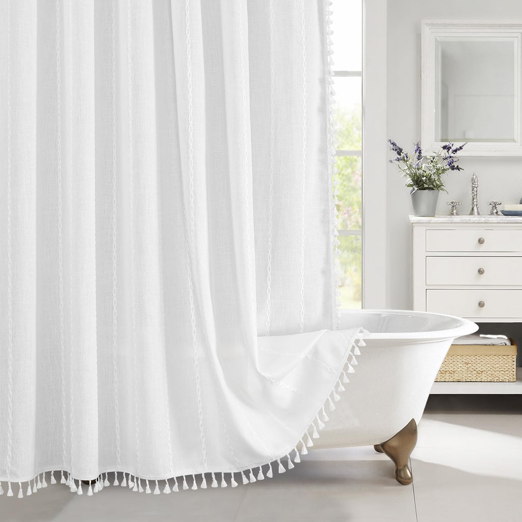 Boho Farmhouse Tassel Linen Shower Curtain,3D Embroidery Stripe Blue,72x72
