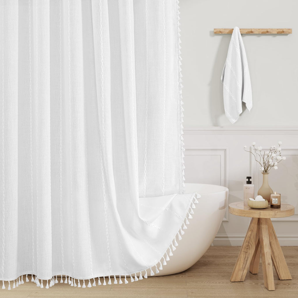 Boho Farmhouse Tassel Linen Shower Curtain,3D Embroidery Stripe Blue,72x72