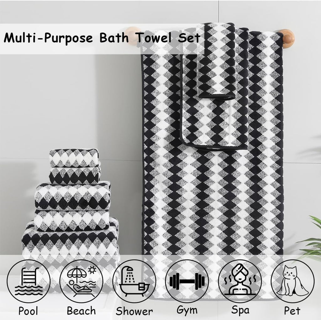 12 Pcs Black White Diamond Towel Set-4 Bath Towels,4 Hand Towels,4 Washcloths Soft Polyester Towels with Loop Absorbent Shower Towel Quick Dry Beach Chair Towel Family Towels for Bathroom Spa Gym Pool