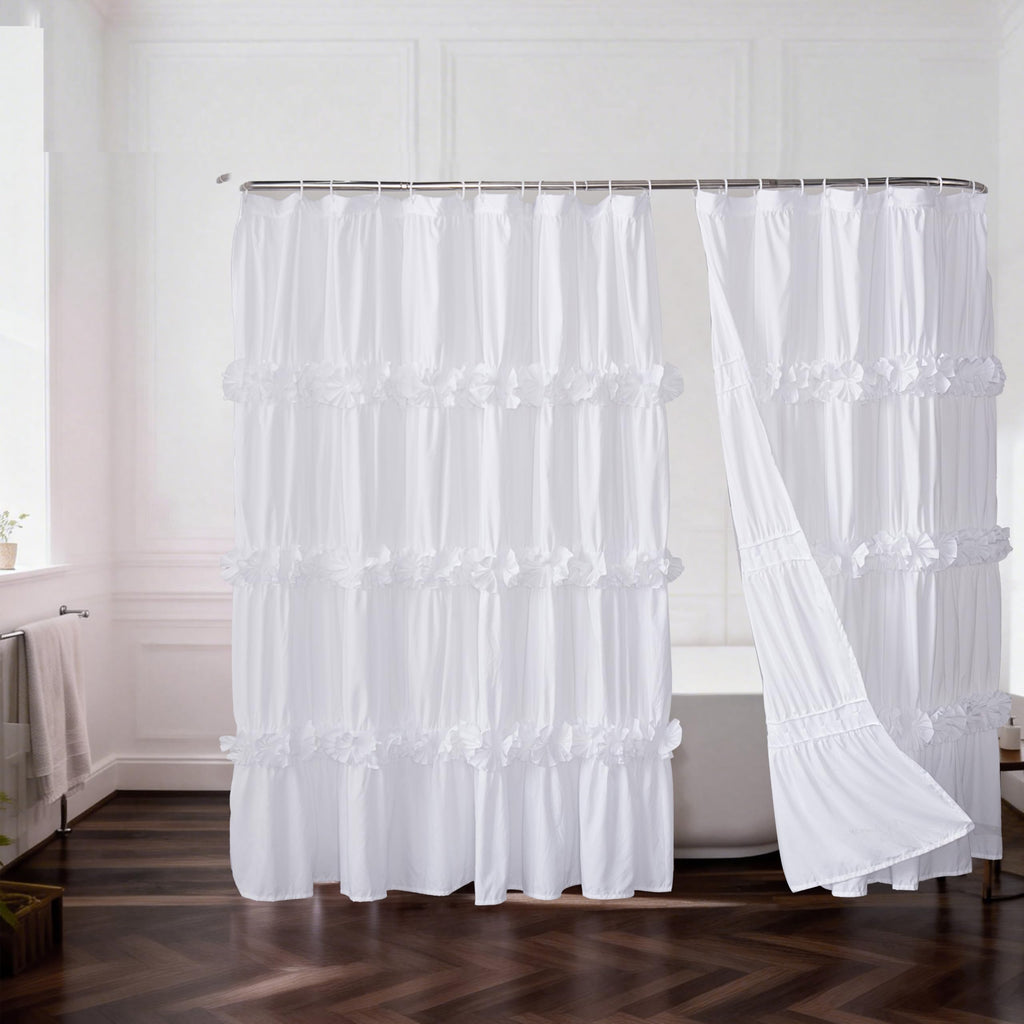 Homechoice Decor Victorian White Ruffle Shower Curtain with 12 Buttonholes