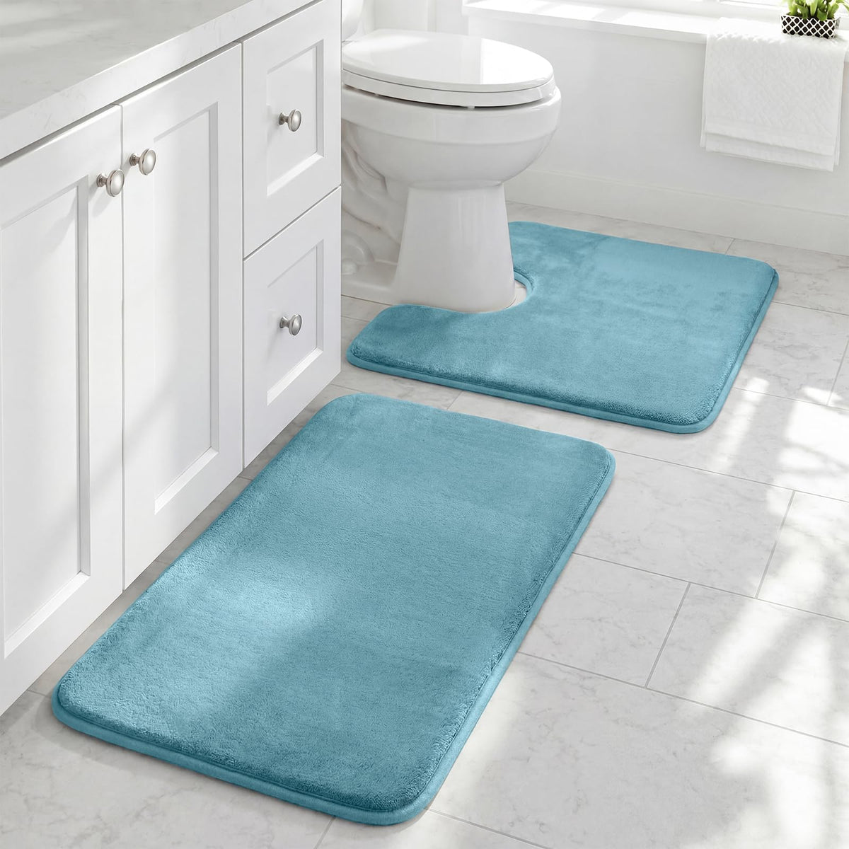 HUXMEYSON Bathroom Rugs Sets 2 Piece, Non-Slip & Quick Dry Bath Mat Set, Ultra Soft Velvet Bath Rugs for Bathroom, Toilet and Shower Floor, Navy