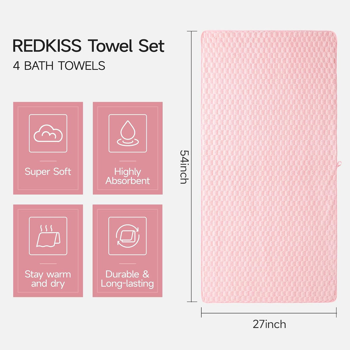 REDKISS 4 Pack Microfiber Bath Towels, Quick Dry, Super Soft, 27"x55"