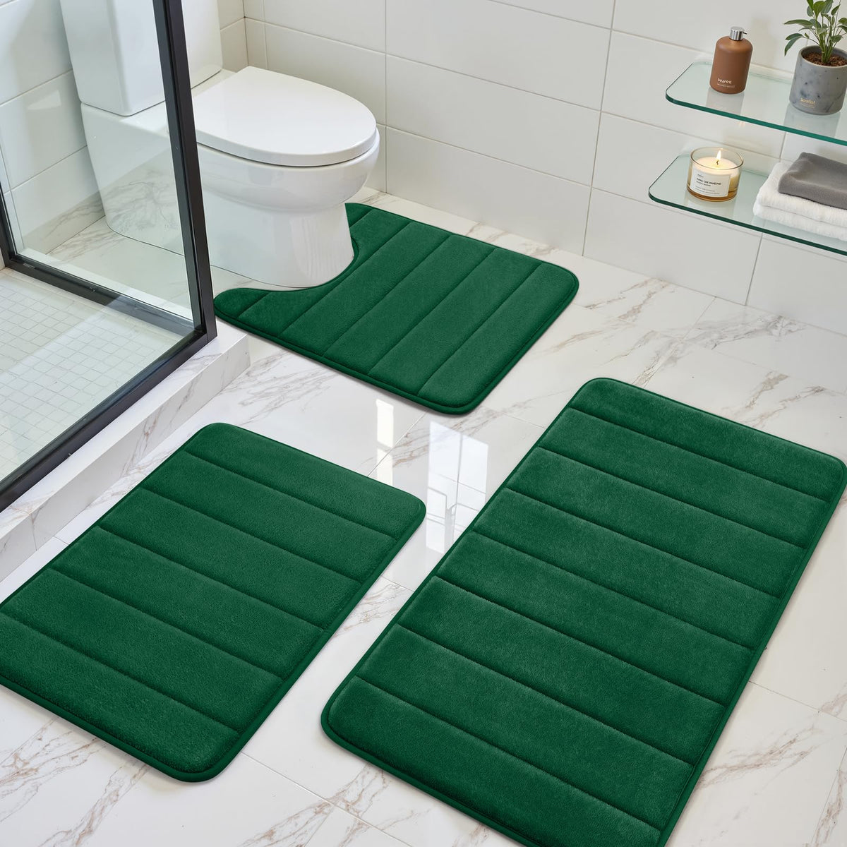 BYSURE Black Memory Foam Bathroom Rug Set 3 Piece 17"x24"+20"x32"+U Shape 20"x24"