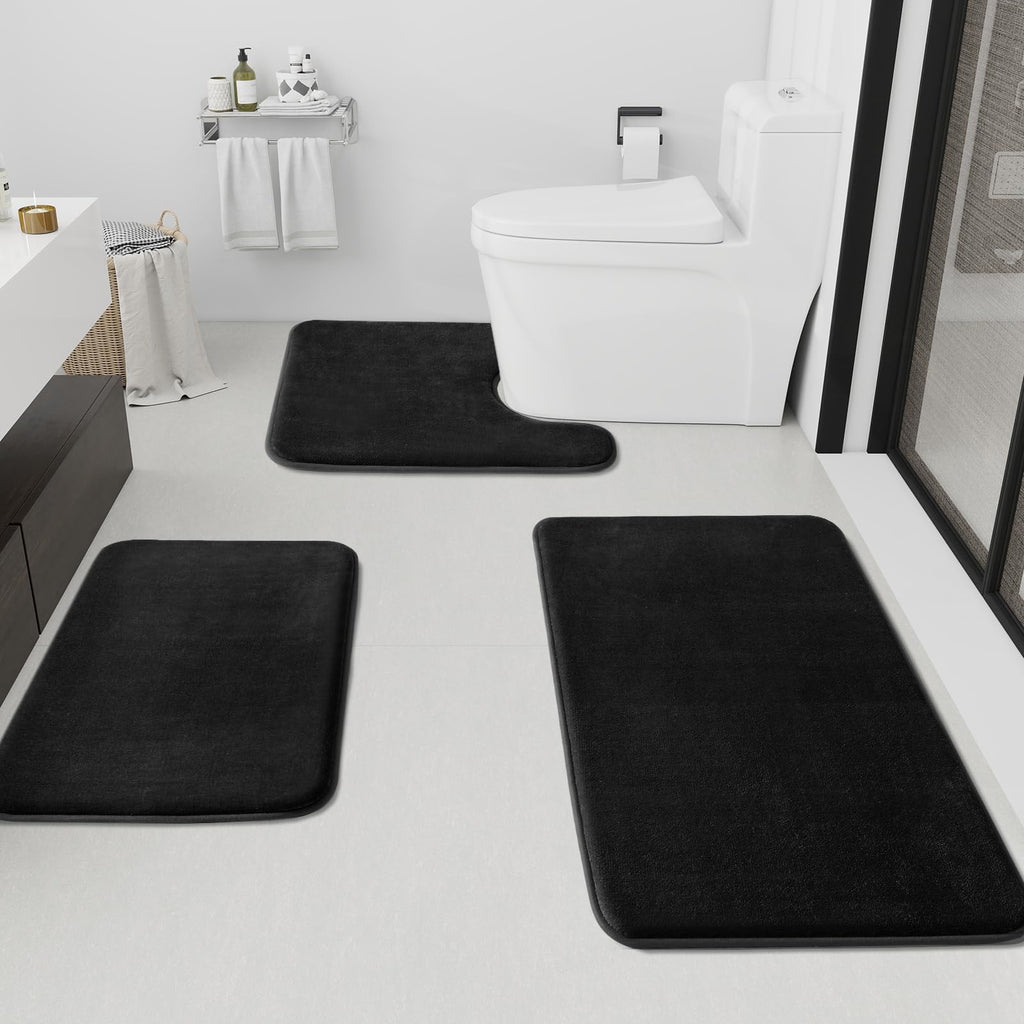 HUXMEYSON Bathroom Rugs Sets 3 Piece, Non-Slip & Quick Dry Bath Mat Set, Ultra Soft Velvet Bath Rugs for Bathroom, Toilet and Shower Floor, Grey