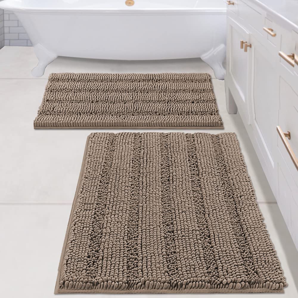 H.VERSAILTEX Sage Bathroom Rugs, Bath Mat Set of 2 Extra Thick Chenille Striped Pattern Shaggy Bath Rugs for Bath Room, Non Skid Bath Mats for Bathroom Floor (32 x 20 Plus 24 x 17 - Inches)