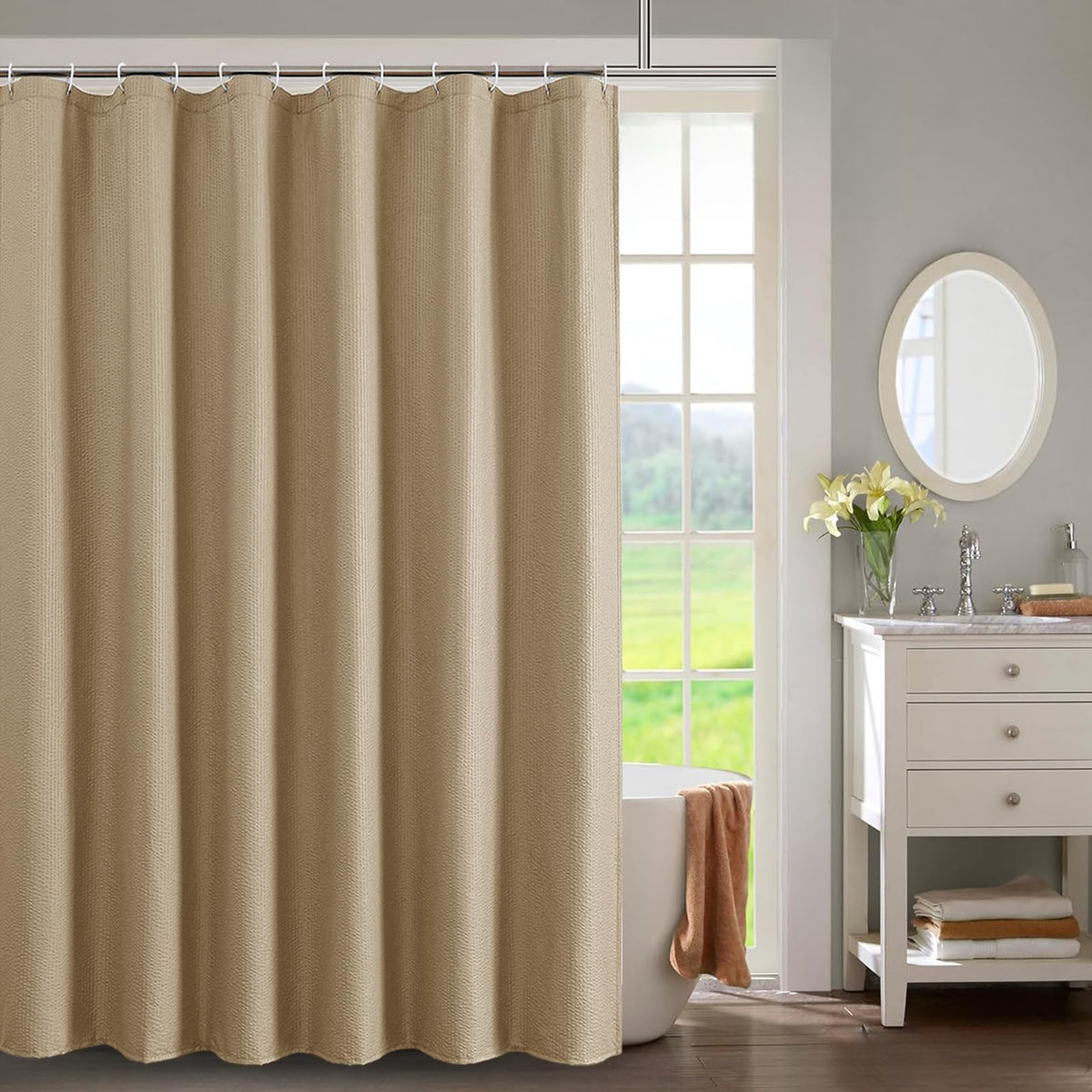 OWENIE White Shower Curtain for Bathroom 84 Inches Extra Long, Elegant 3D Embossed Textured Cloth Waffle Shower Curtain, Modern Luxury Hotel Style, Water Repellent, Machine Washable, 72X84, White