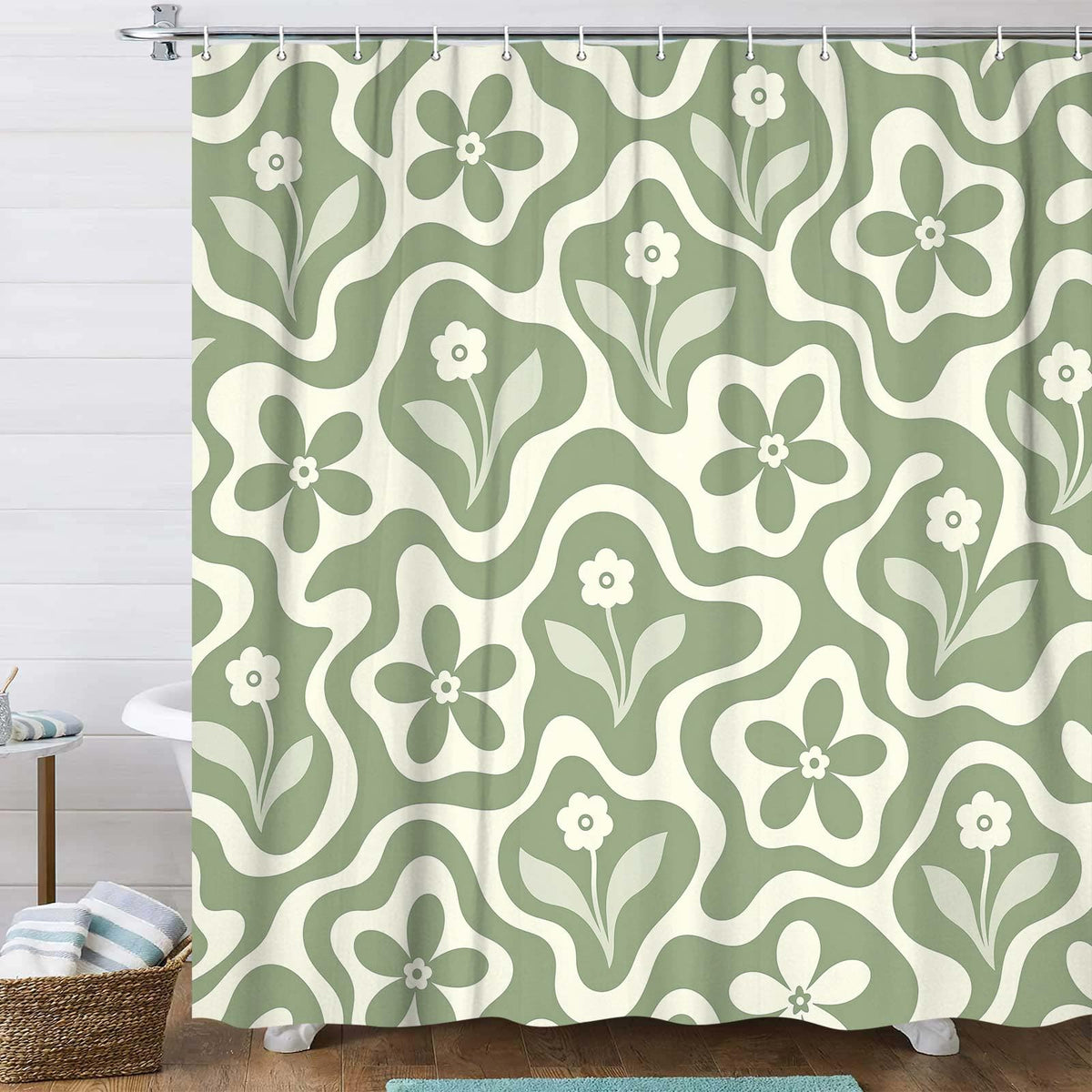 Bondjos Abstract Sage Green Shower Curtain,Boho Modern Geometric Line Art Decor,Abstract Minimalist Farmhouse Style Shower Curtain for Bathroom，Waterproof Polyester Fabric Bathroom Curtain,72x72 Inch