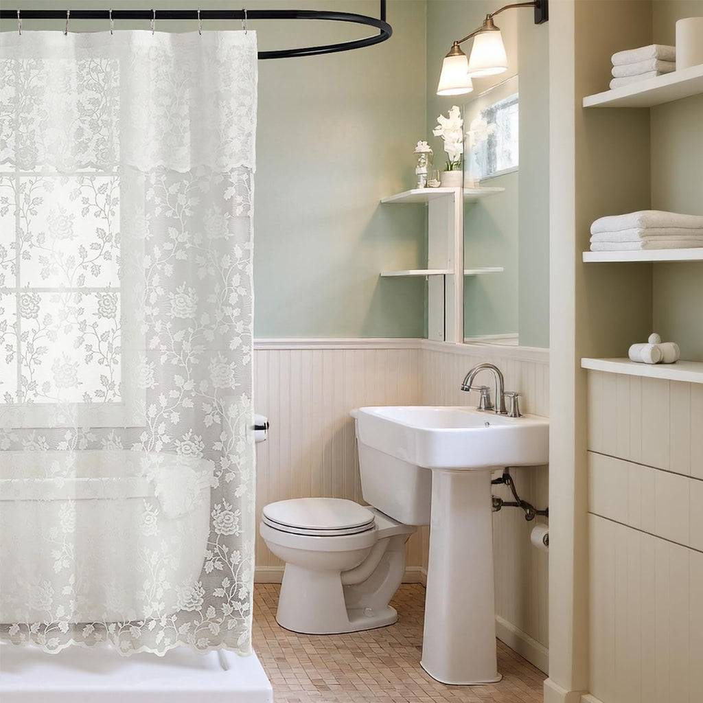 Black Lace Shower Curtain with Attached Valance, 72 x 72 Inch, 1 Panel