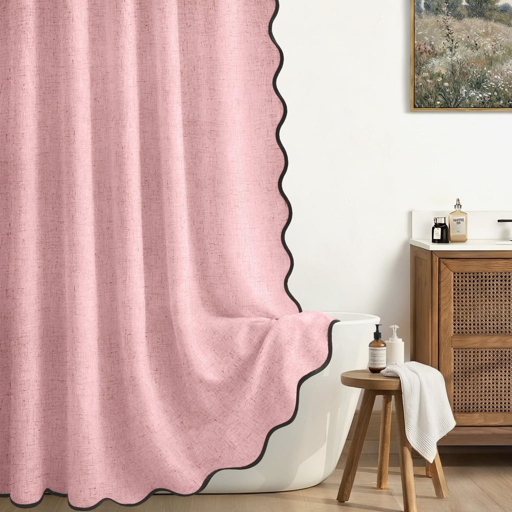 Scalloped Shower Curtain Linen Boho Beige 72" W x 72" L