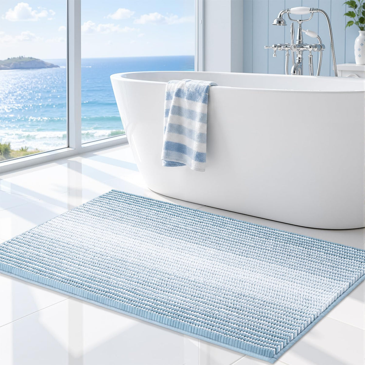 BSICPRO Bathroom Rugs Sets 2 Piece, Non Slip Striped Bath Mats, Fog Blue