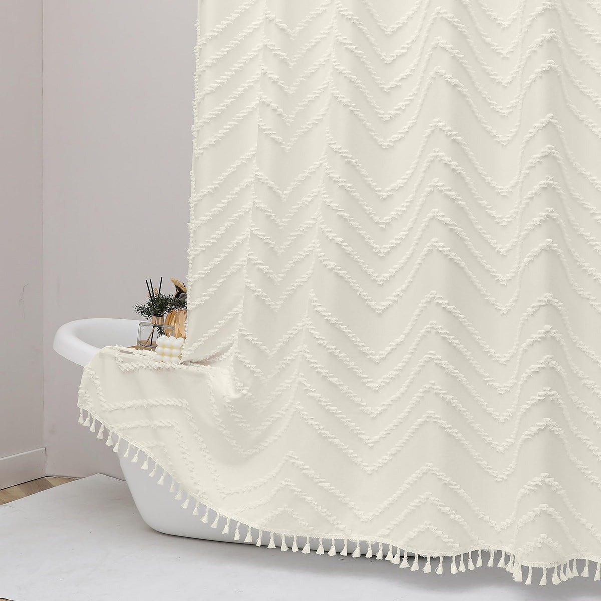 OWENIE White Fabric Boho Shower Curtain 72 x 72 Inches for Bathroom