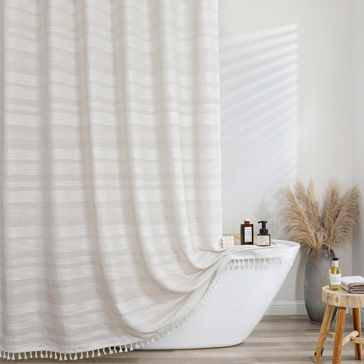 OVZME Extra Long Linen Shower Curtain - 84 Inch Long, Modern Farmhouse Heavy Duty Textured Soft Fabric, Rustic Country Boho Cloth Shower Curtain with Tassel for Bathroom Hotel, 72Wx84L Inches