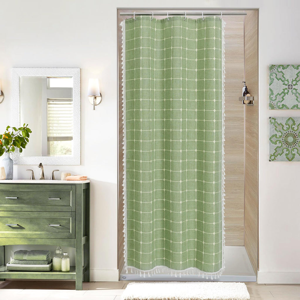 Boho Farmhouse Classic Plaid Linen Tassel Shower Curtain Blue,72x72