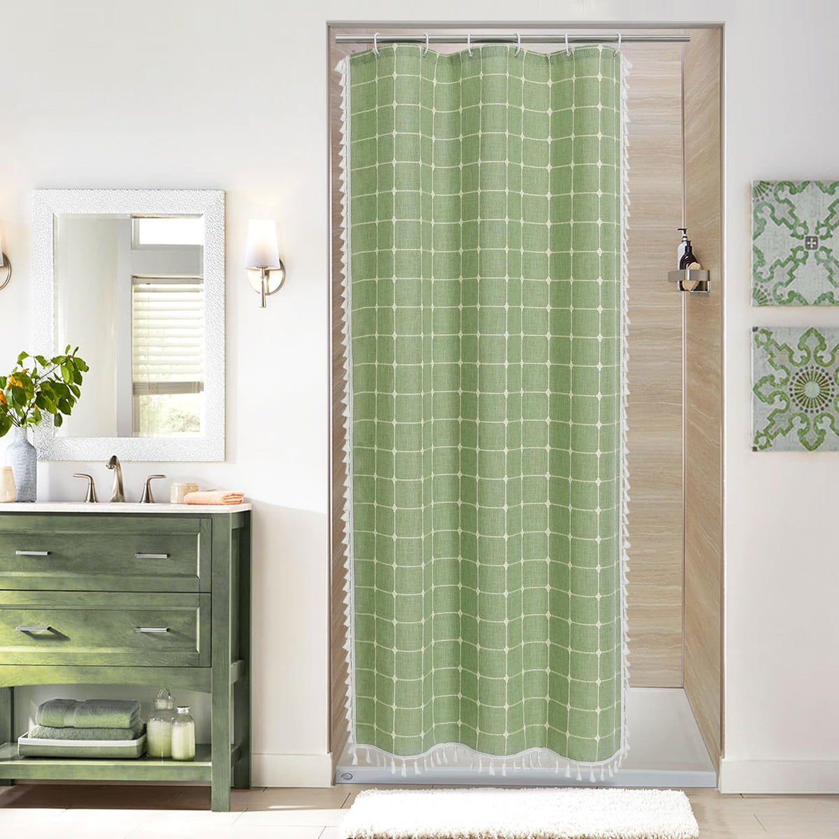 Boho Farmhouse Classic Plaid Linen Tassel Shower Curtain Blue,72x72