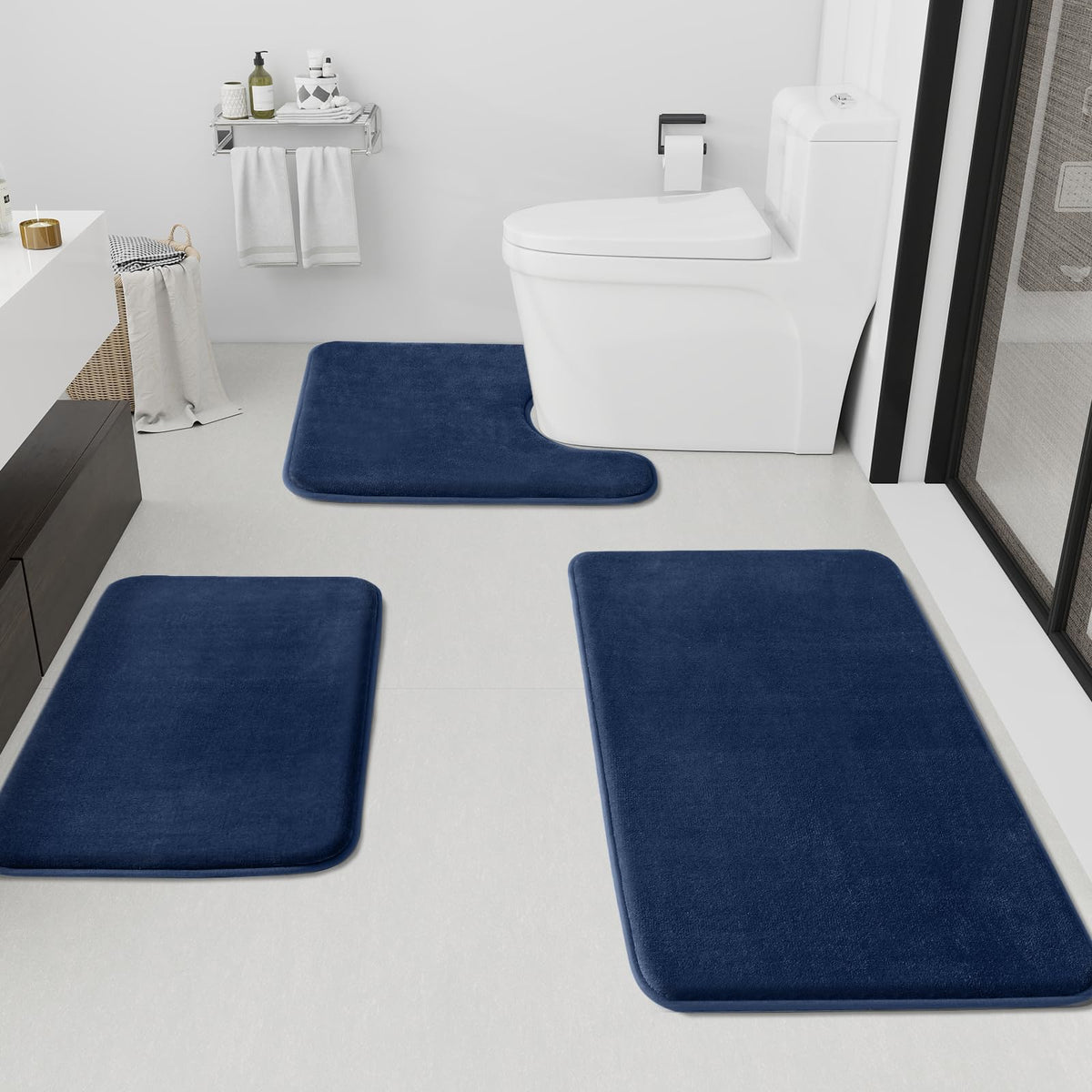 HUXMEYSON Bathroom Rugs Sets 2 Piece, Non-Slip & Quick Dry Bath Mat Set, Ultra Soft Velvet Bath Rugs for Bathroom, Toilet and Shower Floor, Navy