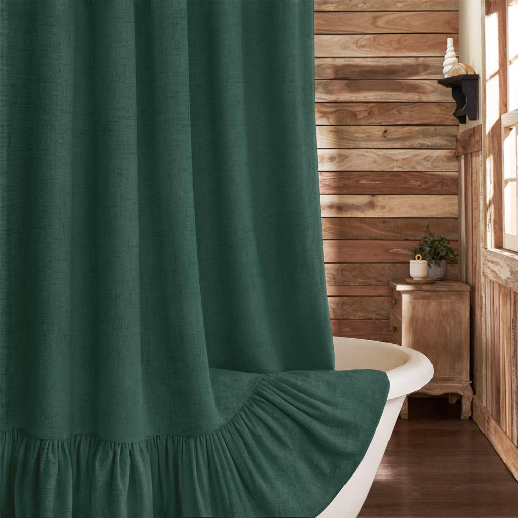 Farmhouse Shower Curtain Ruffle Linen Cream-Brown Stripe 72"W x 72"L