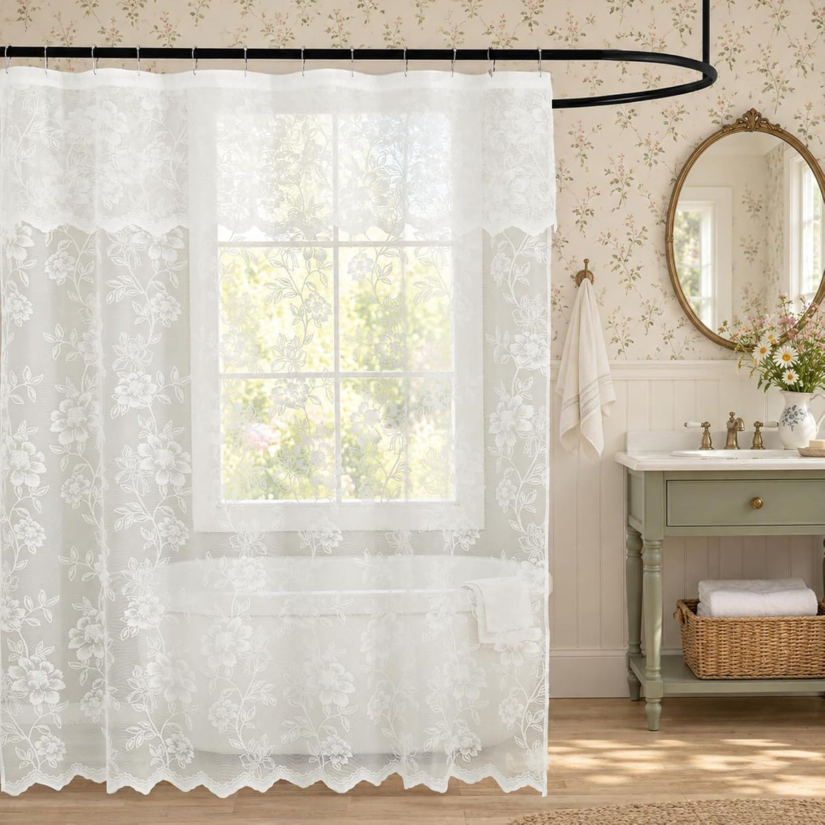 Ivory Lace Shower Curtain with Attached Valance, 72 x 72 Inch 1 Panel