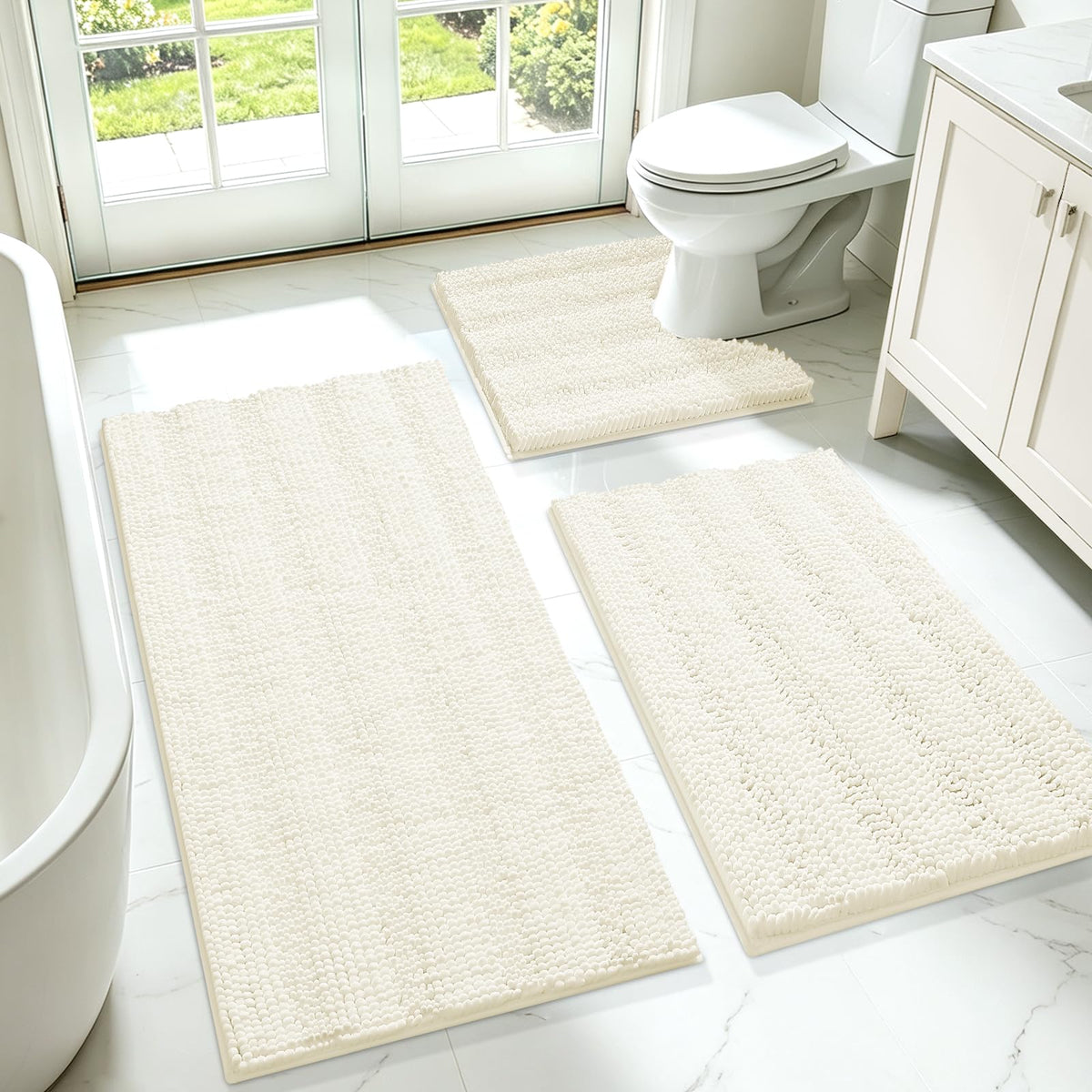 ACCUMTEK Striped Navy Blue Bathroom Rug Set 3 Pieces Ultra Soft, Non Slip Chenille Toilet Mat, Absorbent Plush Shaggy Bath Mats for Bathroom, Bedroom, Kitchen
