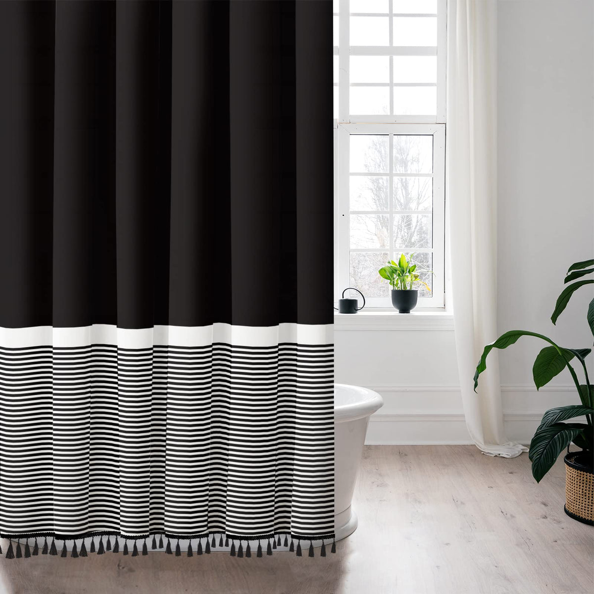 Seasonwood Black and White Shower Curtain Striped with Tassels 72 x 72