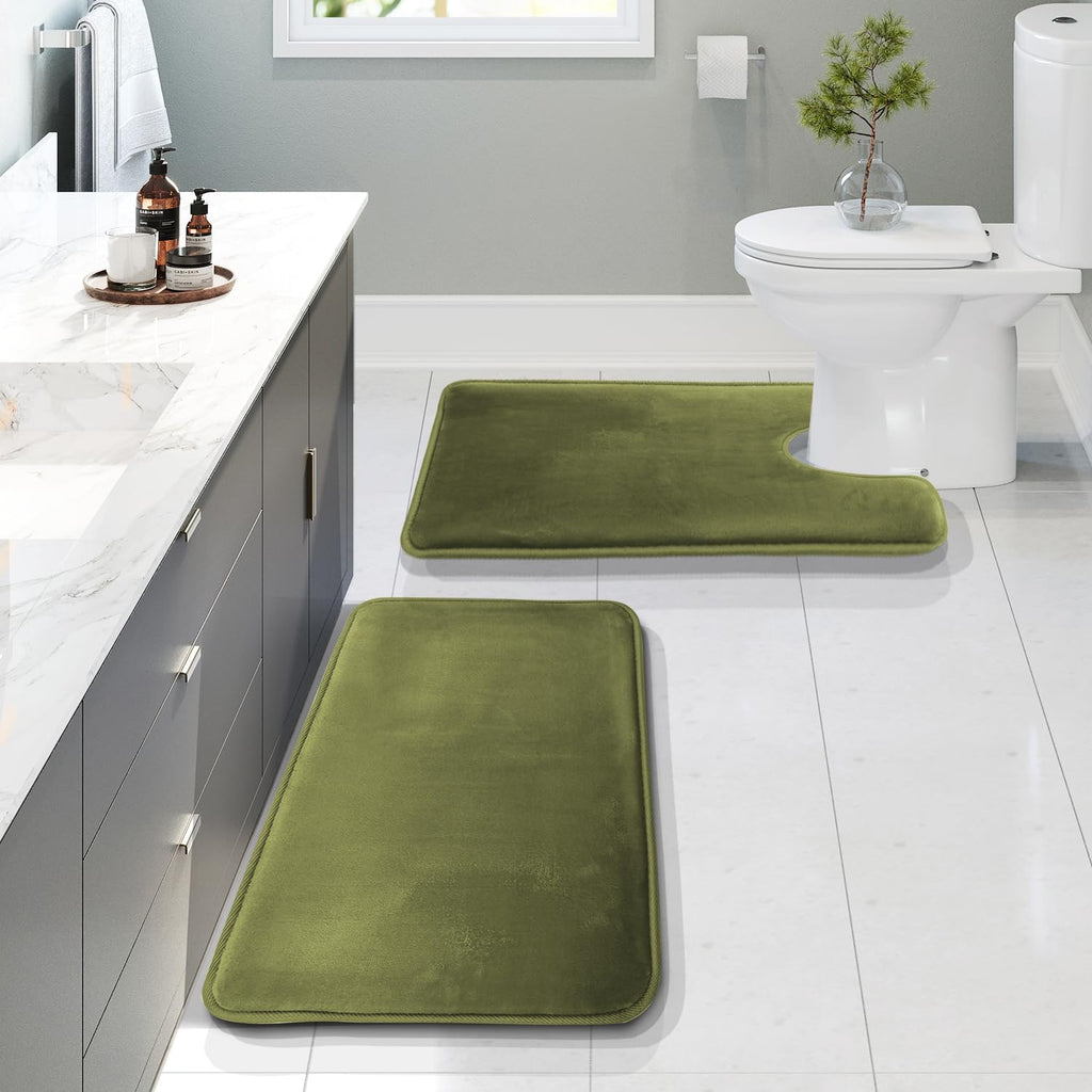 Clara Clark 3 Piece Bathroom Rugs Bath Mat Set, Velvet Memory Foam Bath Mats for Bathroom - Non-Slip, PVC Backing Bath Rugs, Washable - Dries Quickly, Green