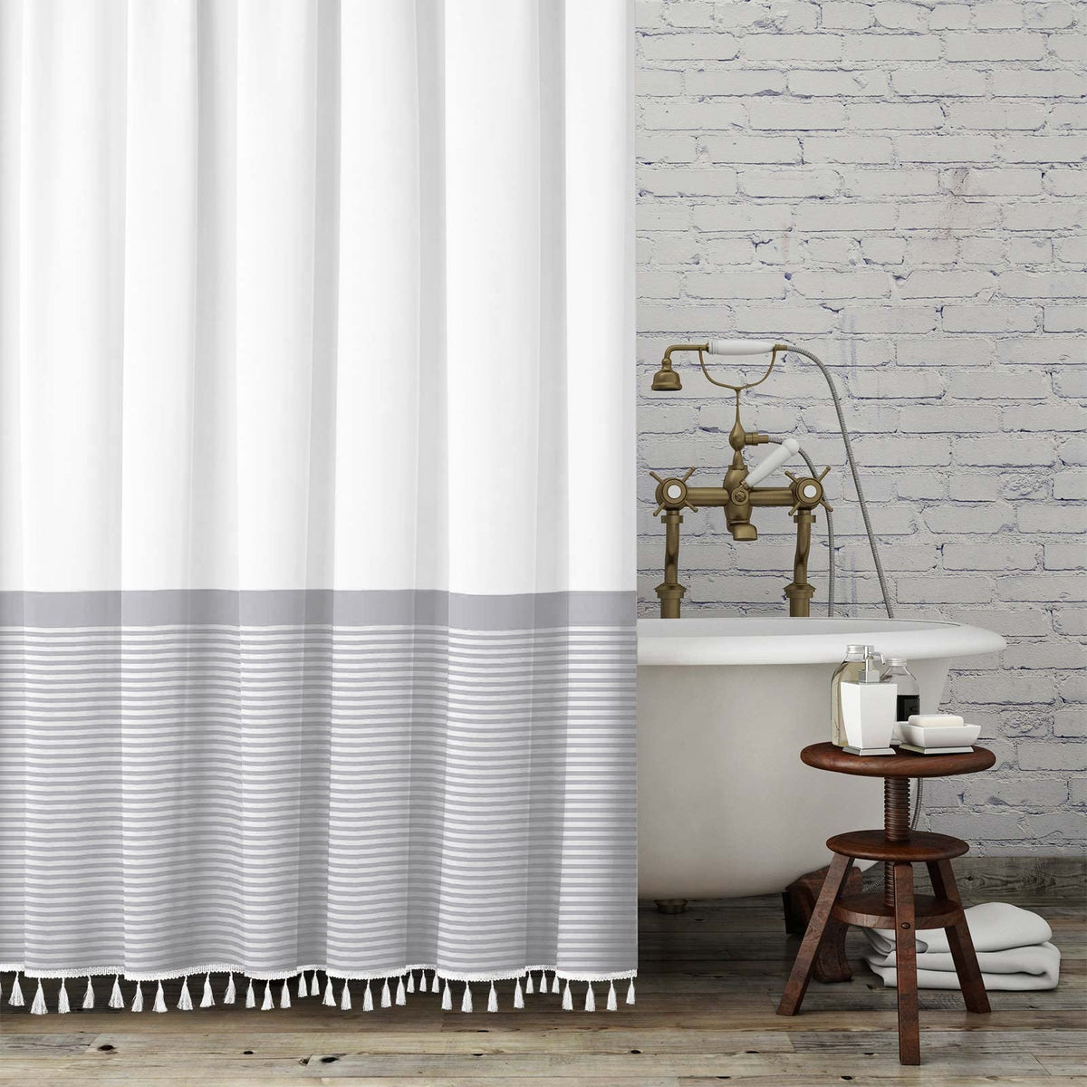 Seasonwood Black and White Shower Curtain Striped with Tassels 72 x 72